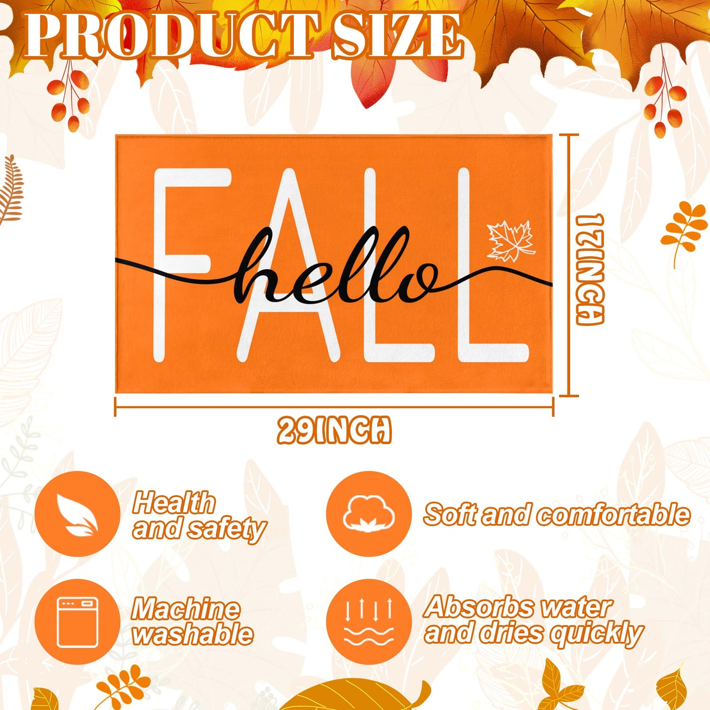 HANXIG Hello Fall Door Mat - Autumn Maple Leaf Doormat, 17 x 29 Inch, Non-Slip Rubber Backing, Washable Seasonal Welcome Rug for Indoor/Outdoor