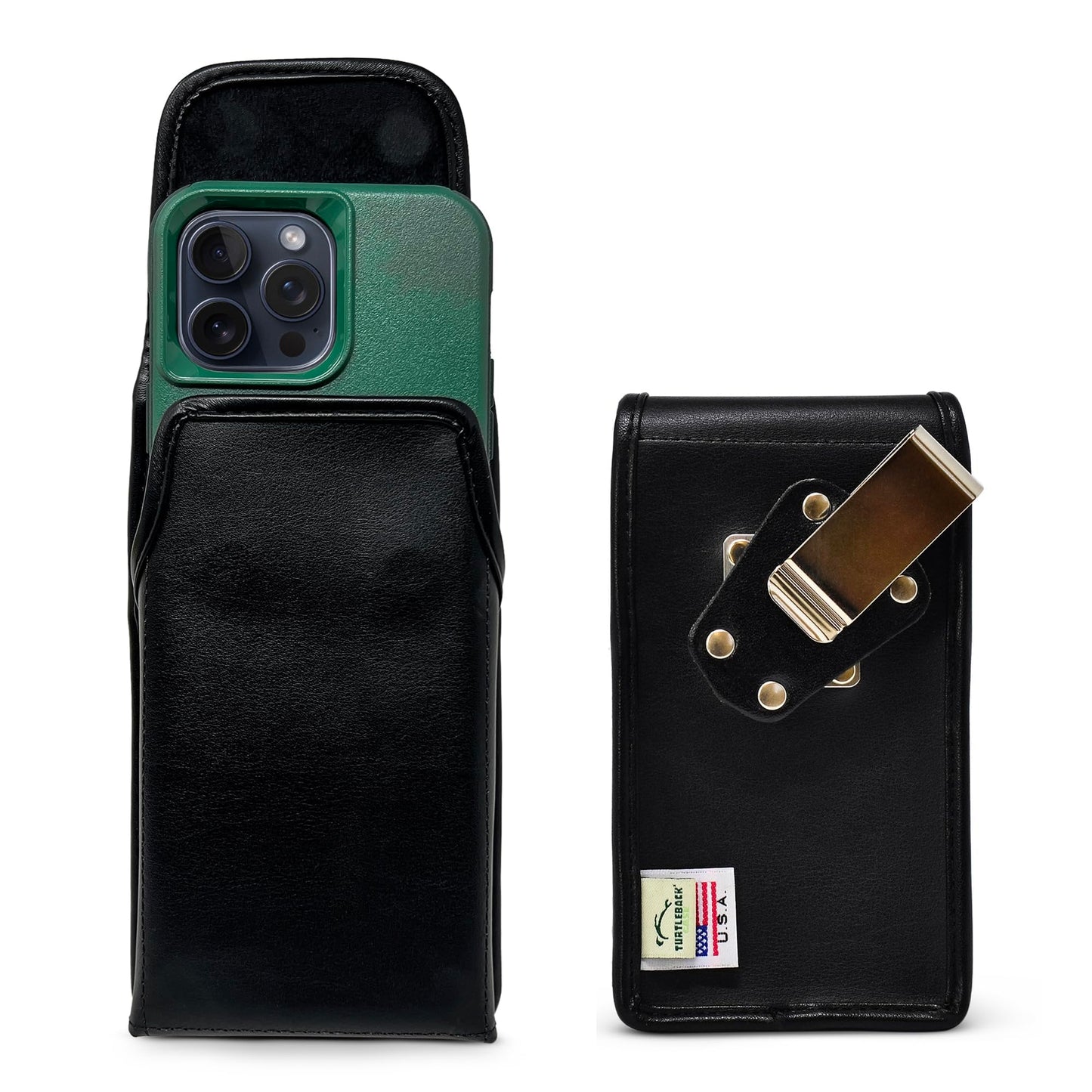 Turtleback Belt Clip for iPhone 16 Pro Max, 15 Pro Max, 14 Pro Max -Medium- Fits w/Shockproof Commuter Style Cases, Premium Black Leather Vertical Belt Holder, Magnetic Closure HD Rotating Clip