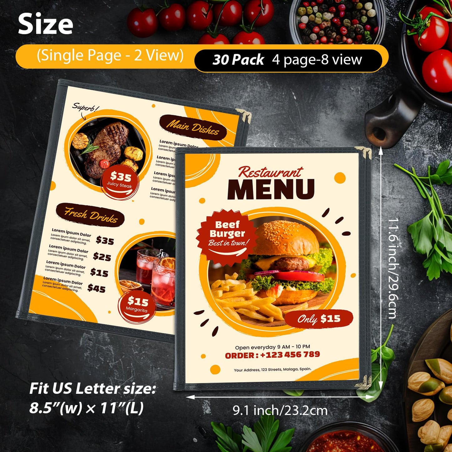 FLKQC Menu Covers 8.5 x 11 | Pack of 30 Restaurant Recipe Menu Covers Transparent Restaurant Menu Covers for Kitchen, Drink, Wine Menu Covers Black (8.5"x 11" (4 Pages, 8 View))
