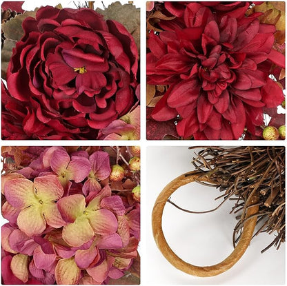 Hollyone 24inch Fall Wreath for Front Door Fall Decor Autumn Wreath Artificial Flower Wreaths with Hydrangea Peonies Dahlia Handmade Outdoor Indoor Halloween Farmhouse Harvest Decorations for Home