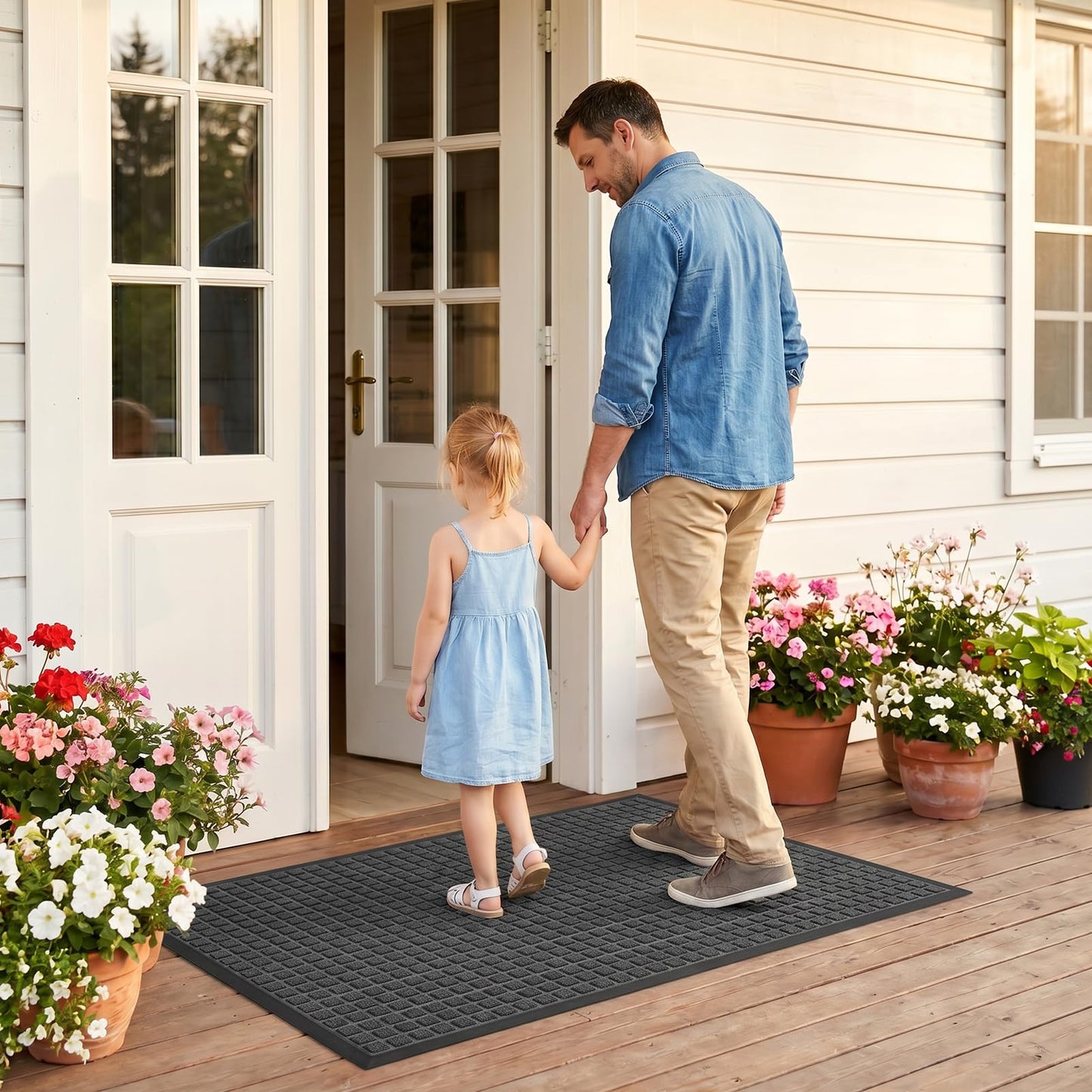 WELDUN Front Door Mat Outside Entrance, Heavy Duty Waterproof Doormat for Indoor/Outdoor, Dirt Trapper with Non-Slip Rubber Backing, Low Profile Easy Clean, Stain & Fade Resistant 29.5"x17", Grey