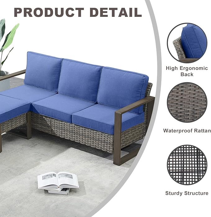 Rilyson Outdoor Wicker Patio Furniture Set - 5 Piece Patio Conversation Set with 2 Wicker Swivel Rocker Chairs,2 Rattan Ottoman and 1 Couch,Thick Cushions,Deep Seating,Wide Armrest(Mixed Grey/Blue)