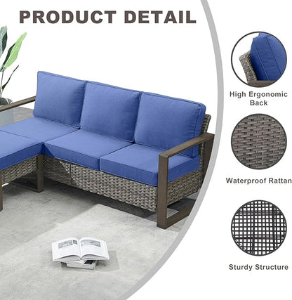 Rilyson Outdoor Couch Wicker Patio Sofa, Rattan Patio Furniture Sofa with Sturdy Frame,All-Weather PE Wicker,Wide Armrest,Deep Seating and Thick Cushions for Deck Porch Garden(Mixed Grey/Blue)