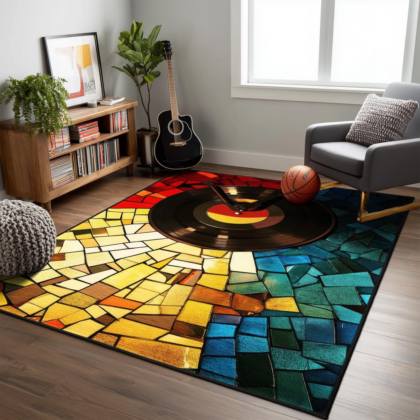 keepcute Retro Vinyl Area Rug 5x7 ft Non-Slip Carpets Record Player Carpet Decor for Living Room Bedroom Living Room Study Carpet