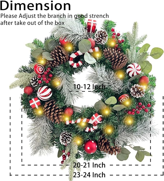 WANNA-CUL Pre-Lit 24 Inch Lighted Christmas Wreath for Front Door Red White Christmas Door Wreath Decoration with Ball Ornaments, Candy Canes,Eucalyptus Leaves, Battery Operated 30 LED Lights