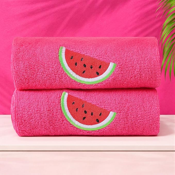 2 Pcs Watermelon Hand Towels Bright Pink Bathroom Decor 14x29 Inch Embroidered