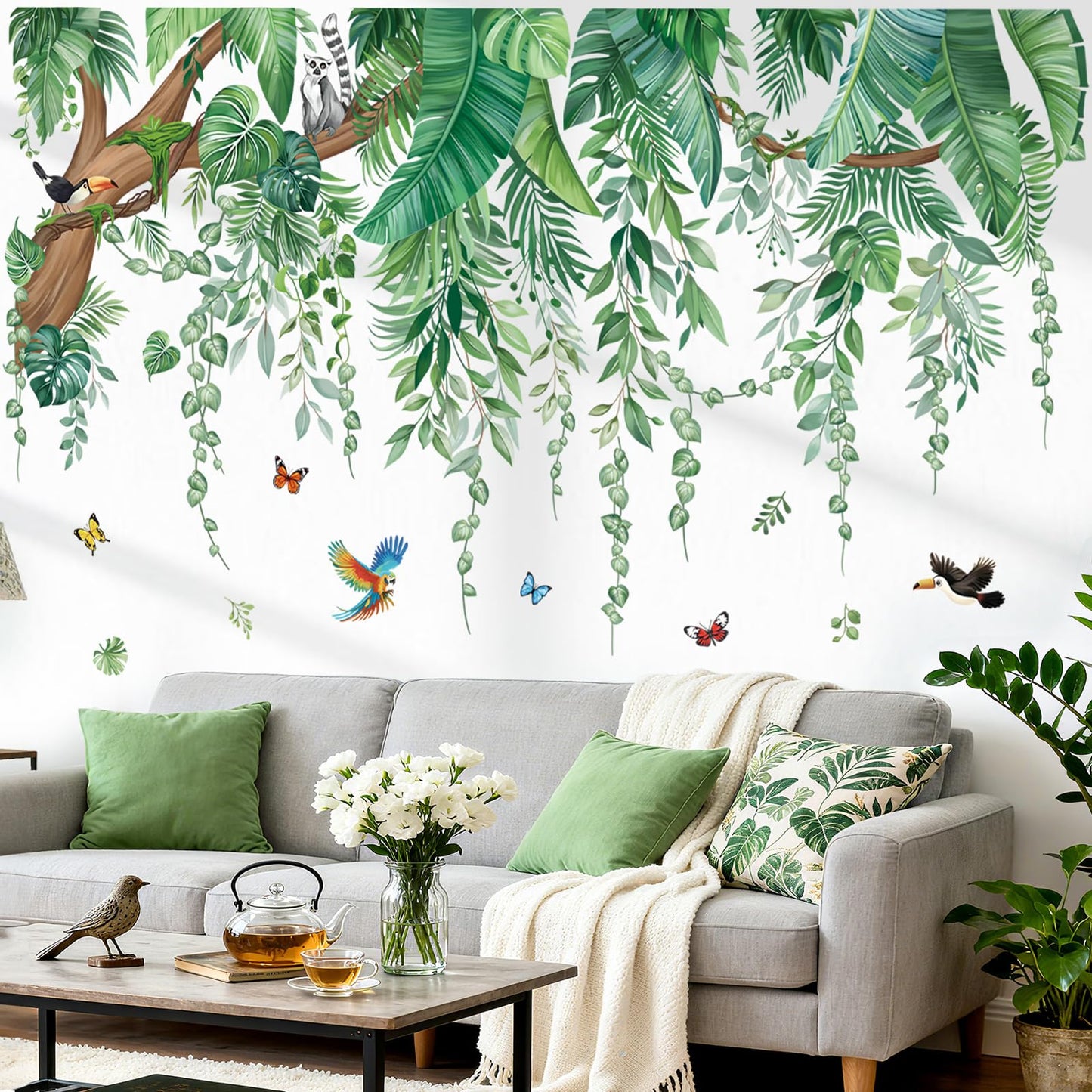 wondever Large Green Tropical Leaves Wall Stickers Hanging Vines Palm Tree Peel and Stick Wall Art Decals for Bedroom Living Room Nursery