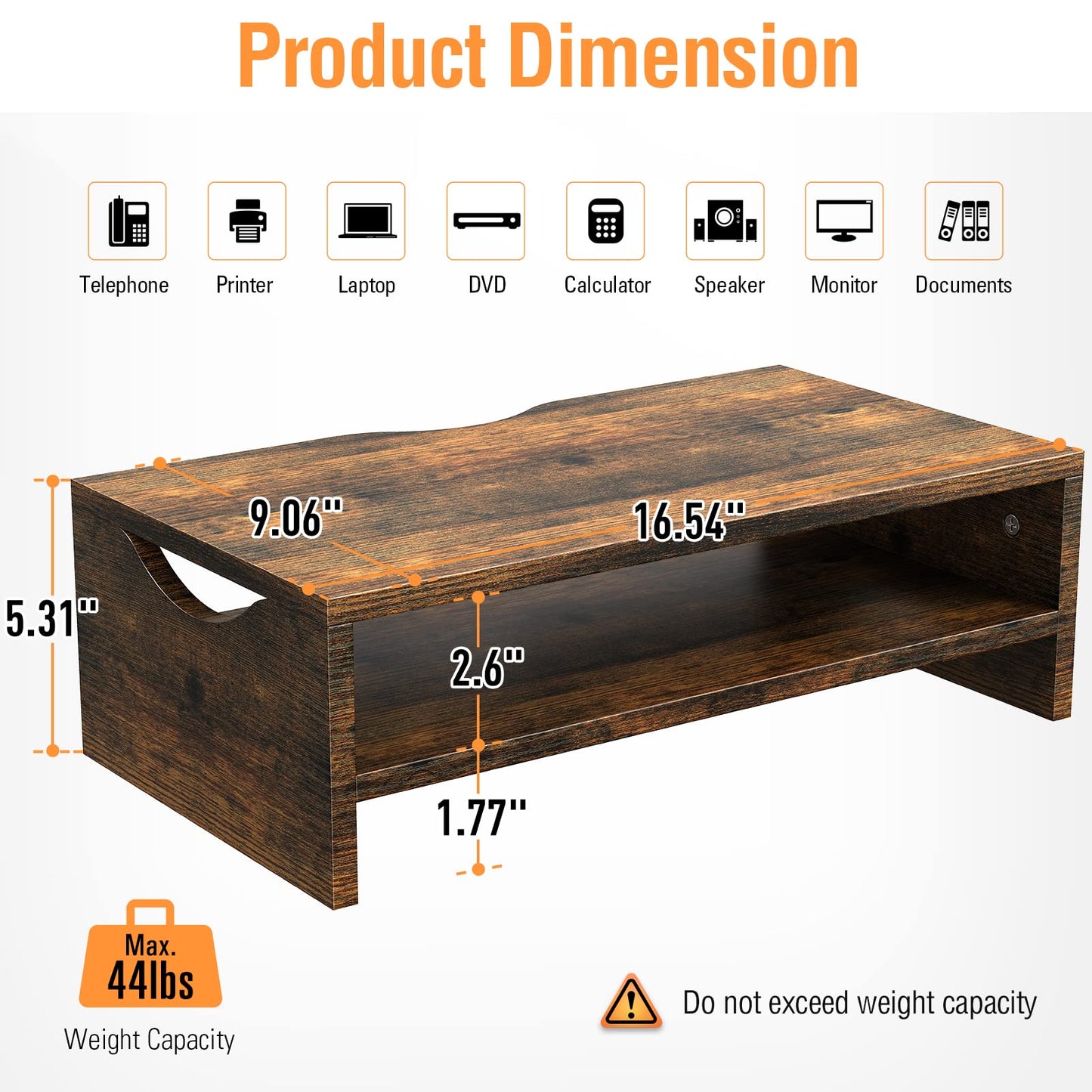 Mountory Monitor Stand Riser, 2 Tiers Wood Monitor Riser Stand with Desktop Shelf Storage Organizer, Ergonomic Desk & Tabletop Organizer Desktop Stand for Laptop Computer, MacBook, PC(Rustic Brown)