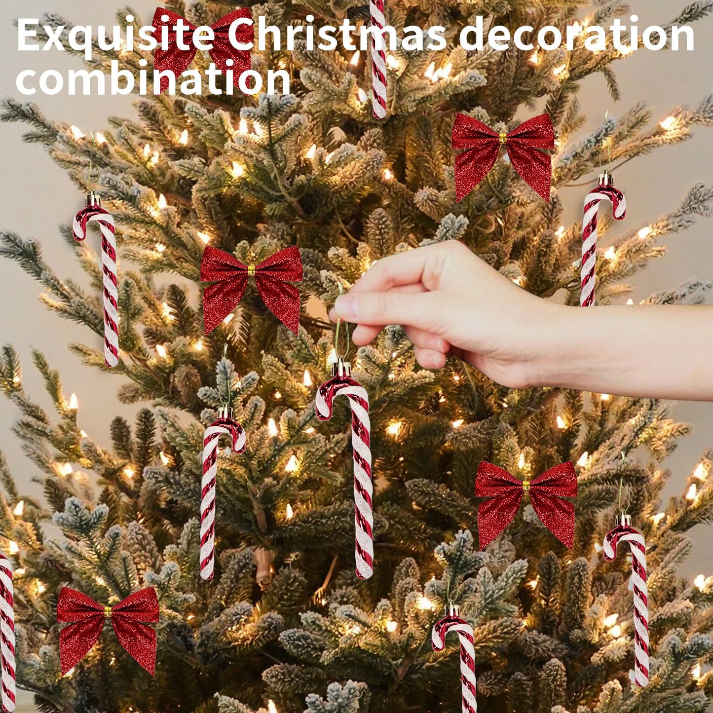 12 Pcs Candy Cane Christmas Decorations, 5.5inch Glitter Candy Cane Bows for Xmas Tree Hanging Ornament Holiday Festival Party Home Decoration (Red)