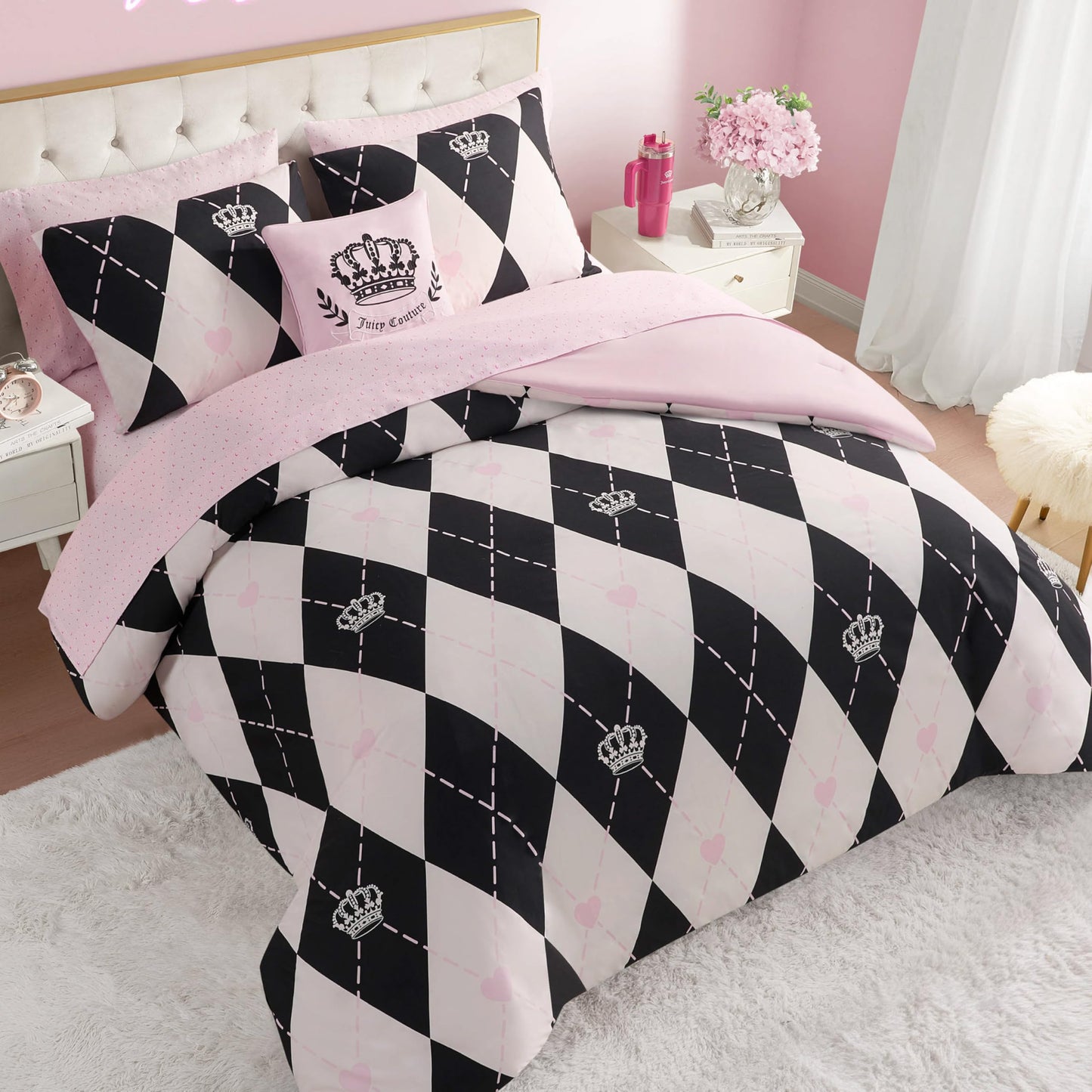 Juicy Couture Royal Argyle 8-Piece Reversible Bed in a Bag, Queen Designer Bedding Set