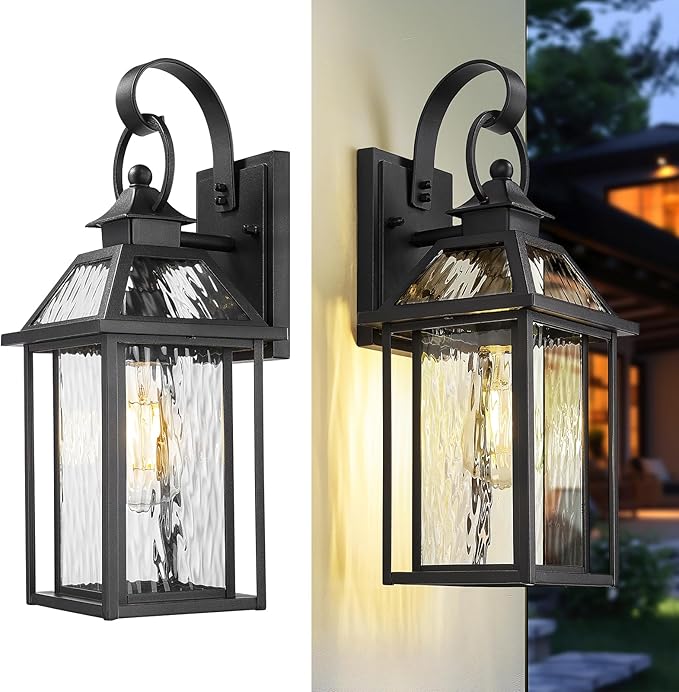 zeyu Exterior Wall Porch Light, 16.3 Inch Outdoor Wall Light Fixture for House in Black Finish, Die-Cast Aluminum with Water Ripple Glass, ZW114B BK-SW