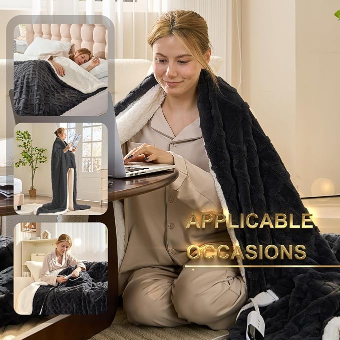 Heated Blanket Queen Size,Dual Control Electric Blanket with 10 Time Settings & 6 Heat Settings,Overheat Protection & ETL Certification，Fast Heating Blanket for Home Office Use，84" x 90"，Dark Gray
