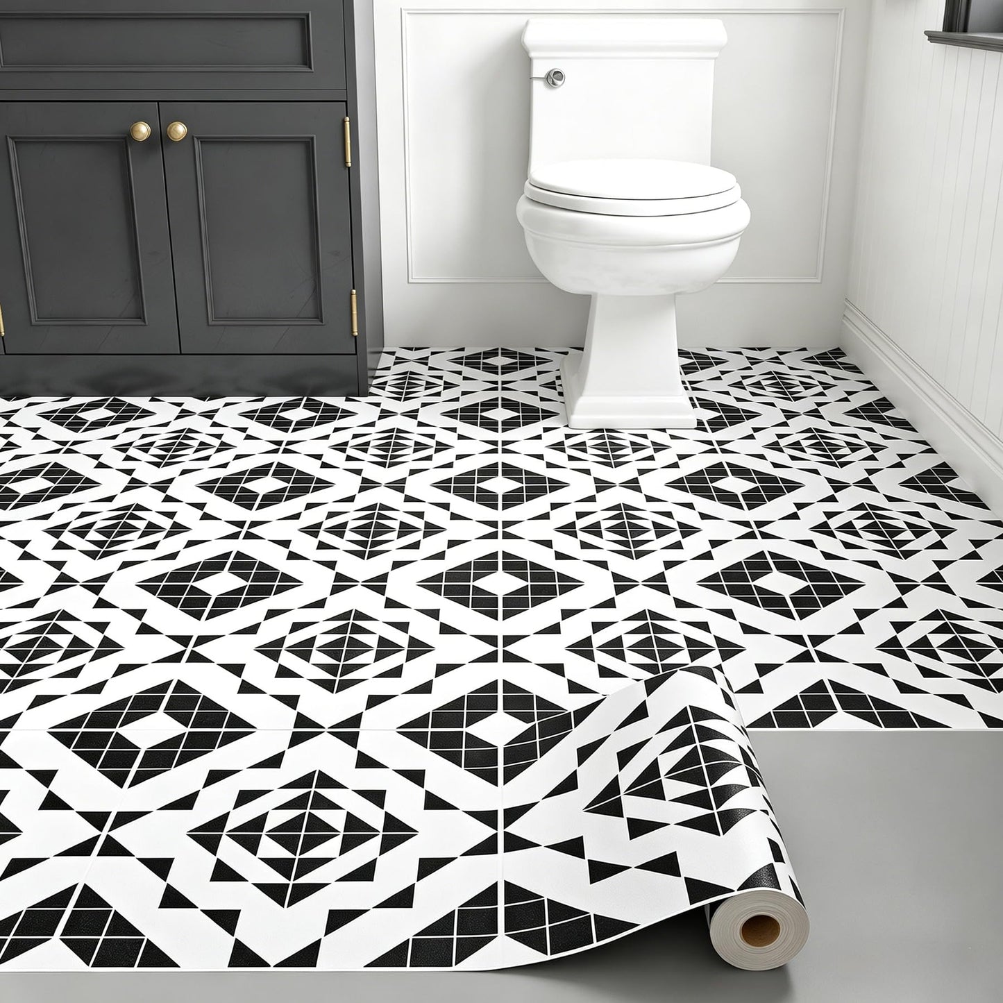 LaCheery Black and White Peel and Stick Floor Tile Bathroom Black and White Geometric Peel and Stick Floor Tiles Waterproof Laminate Linoleum Vinyl Sheet Flooring Roll for Kitchen Flooring PVC 12"x47"