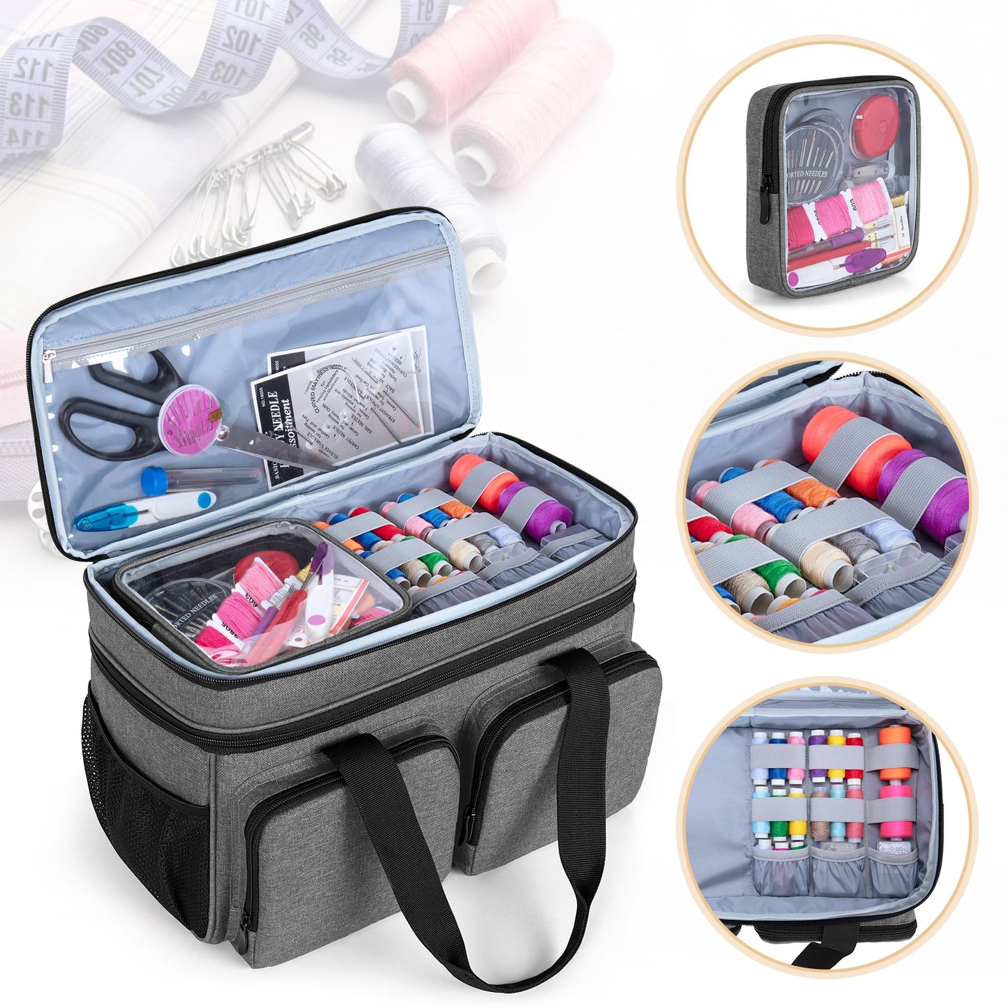 BAFASO Large Sewing Organizer Bag with an Individual Pouch and Detachable Dividers, 2 Layers Sewing Storage Bag for Sewing Supplies, Gray