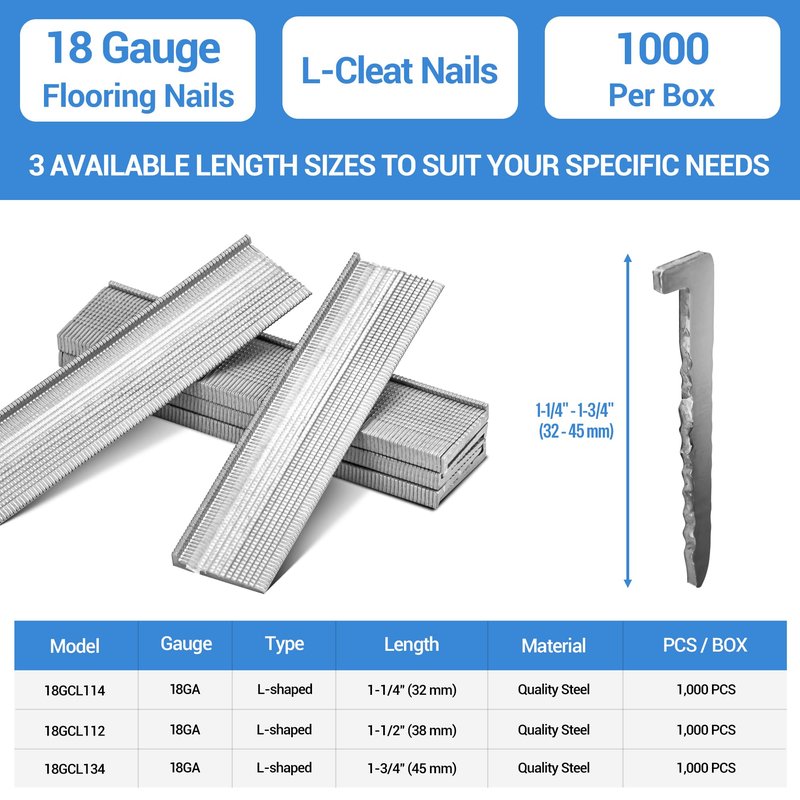 meite 18 Gauge Flooring Nails, 1-3/4 Inch 18GA L-Cleat Nails Hardwood Flooring Nails for Hardwood Installation, Compatible with 18GA Flooring Nailers (1000 Counts)