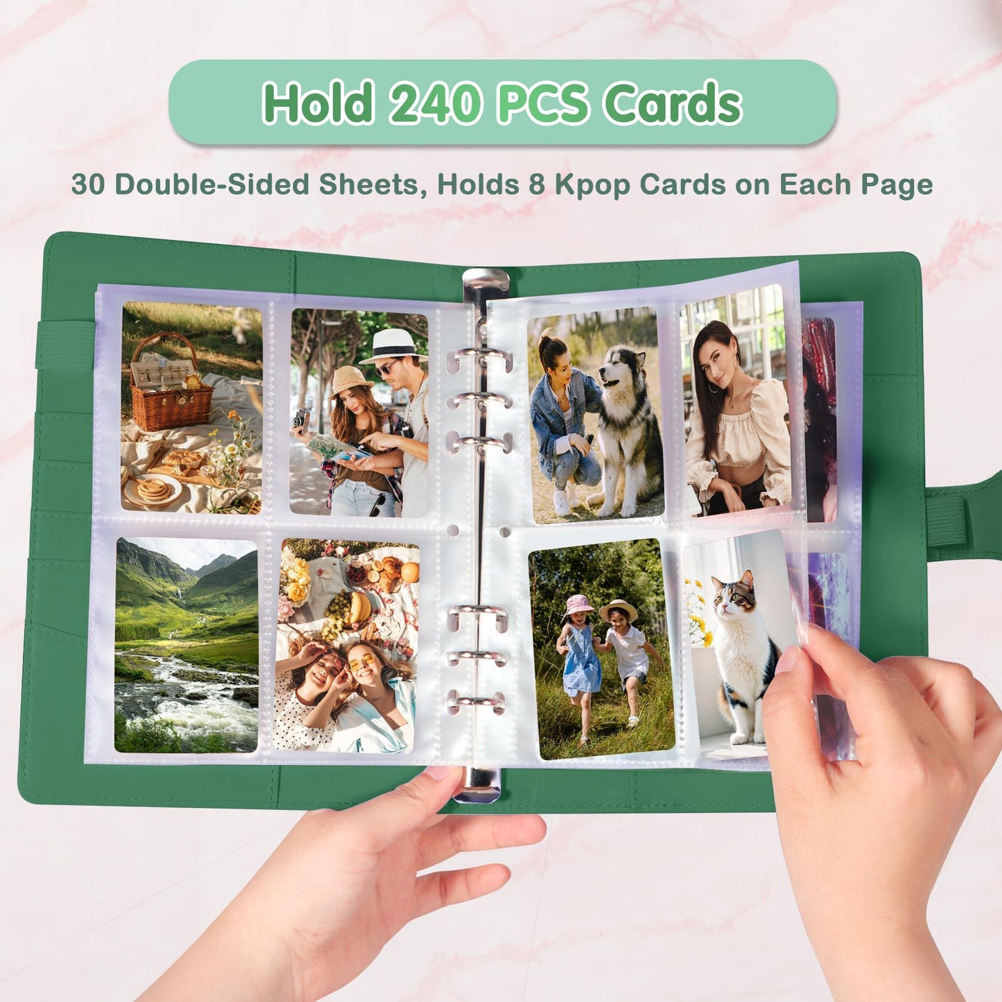 A5 Photocard Holder and Binder, PU Leather 6-Ring Album with Magnetic Closure, Includes 30 Pack 4-Pocket Pages for 240 Cards, Card Holder for Kpop, Trading, and ID Cards (Forest Green)