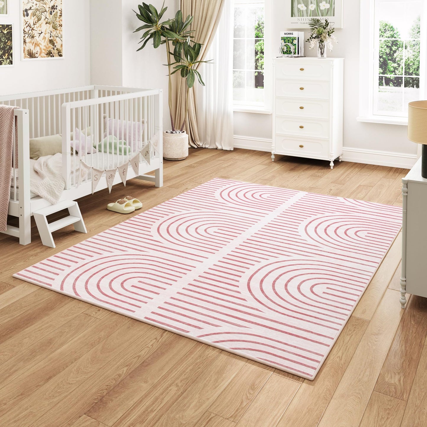 ARKIIKI Pink Washable Rug 5x7 for Bedroom, Soft Abstract Rainbow Carpet for Living Room, Modern Area Rugs, Non-Slip Stain Resistance Rug for Kid Nursery Playroom Home Office