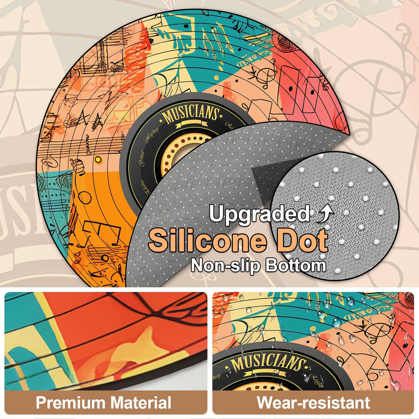 KALERA Music CD Disc Shape Area Rug, Multicolor, 5'3" x 5'3" (Round), Tufted, Polyester, Low Pile, Non-slip Backing, Water Resistant, All Seasons, Teenagers and Above, Living Room