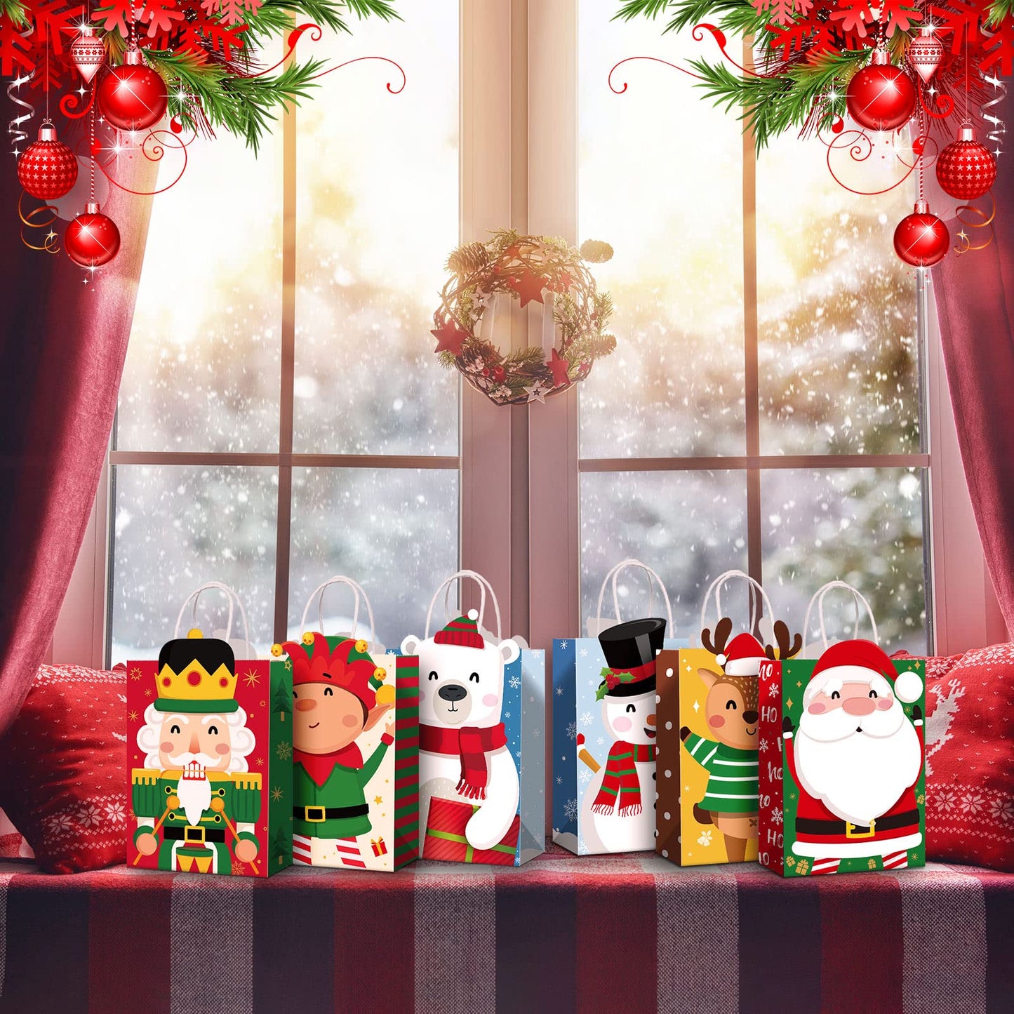 Funrous 18 Pack 36 Pack Christmas Gift Bags 6 Designs Christmas Kraft Paper Bags Xmas Treat Goodie Favors with Handles for Winter Holiday Snacks Gift Party Supplies, 8.6 x 6.3 x 3.2 Inch