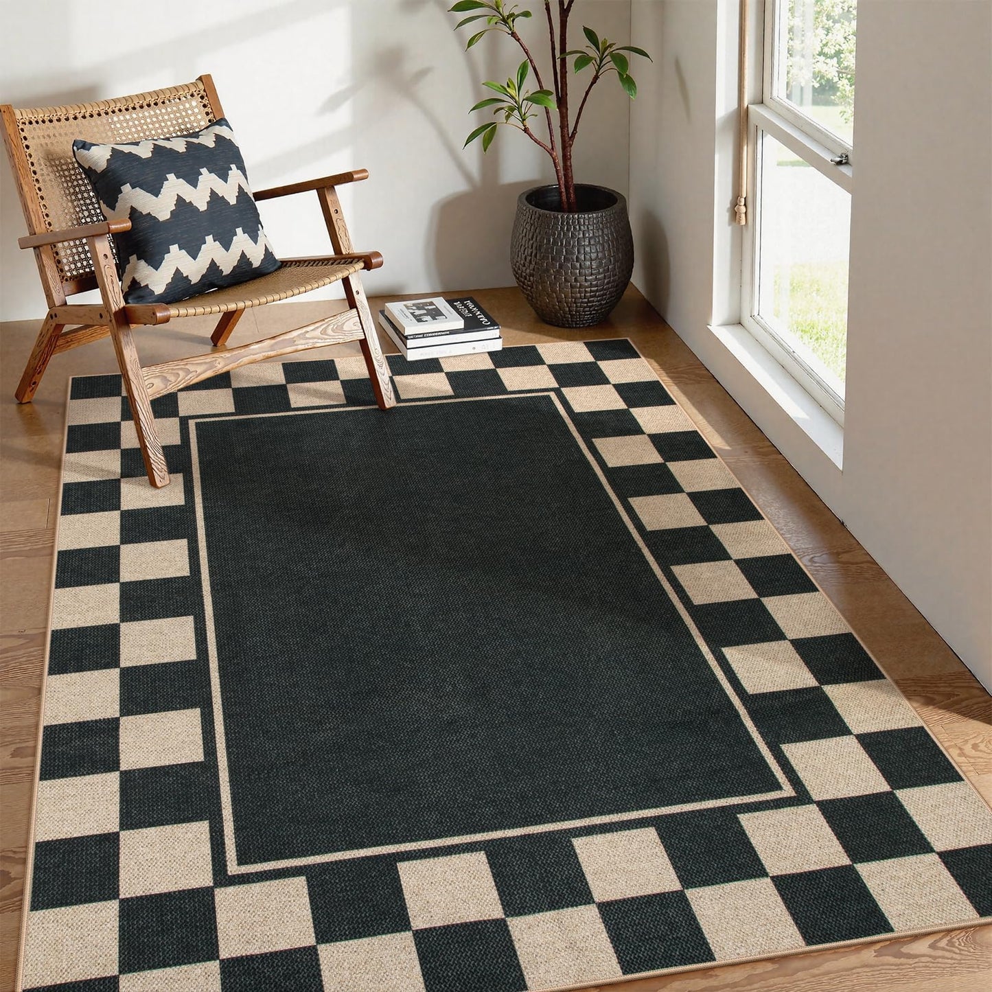 Moynesa Checkered Easy Jute 5x7 Area Rugs for Living Room, Washable Outdoor Patio Rug for Backyard Porches Non Slip, Black Farmhouse Carpet for Dining Room Balcony