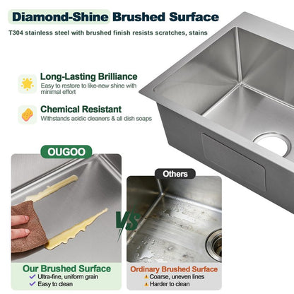 OUGOO 20x16x9 Inch Drop in Kitchen Sink, Handmade 304 Stainless Steel Single Bowl with 2 Holes, R10 Tight Radius, Topmount Installation, for Modern Kitchen/RV Sink, Brushed