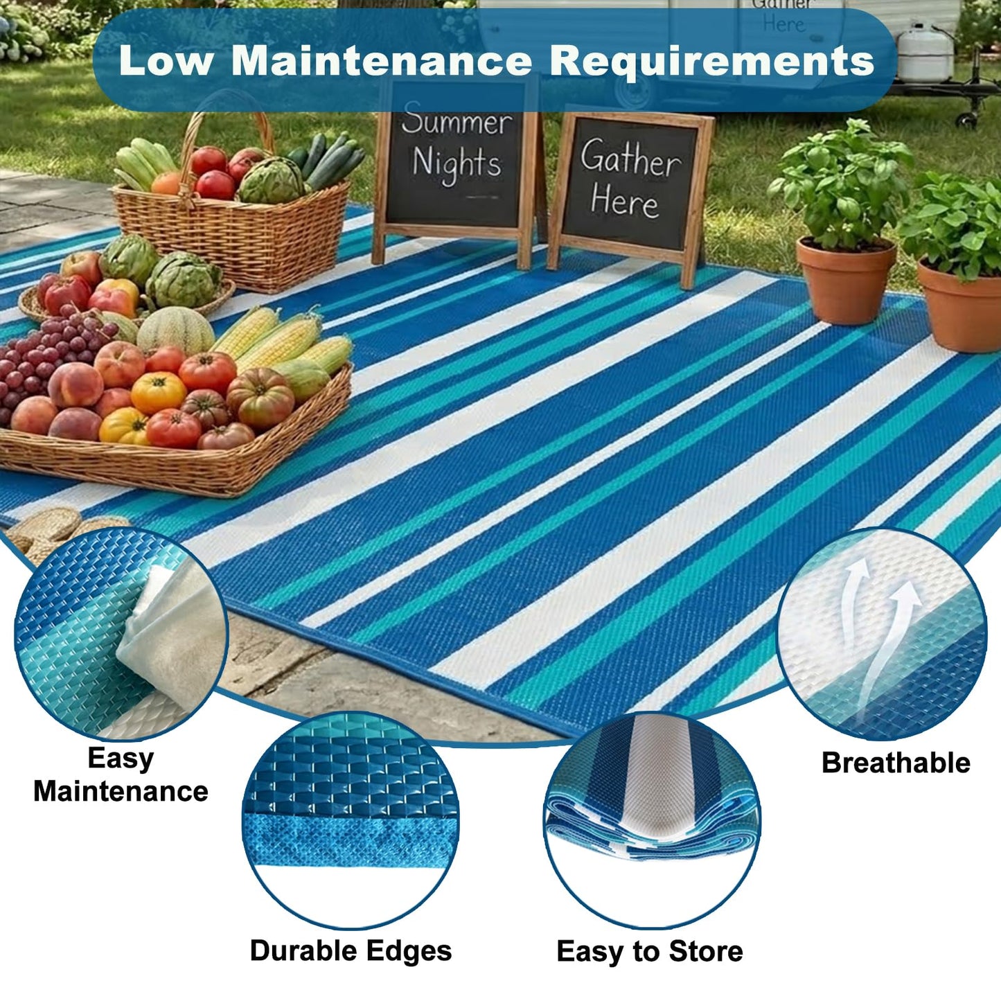 LANVIA Outdoor Patio Rug Camping Essentials - 4x6 FT Outdoor Plastic Straw Rug for Patio Clearance, Waterproof RV Essentials Outside Area Rugs for Deck Garden, Backyard Patio Furniture Set, Blue