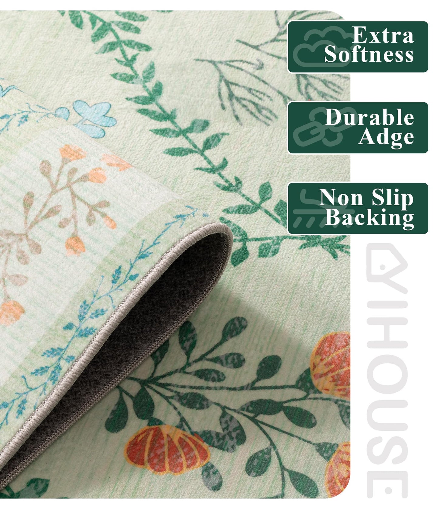 YIHOUSE Green Floral 5x7 Area Rugs for Bedroom Girls, Washable Rug for Living Room Non Slip Ultra-Thin, Large Boho Carpet for Kids Playroom, Classroom, Dorm, Nursery, Green Multi