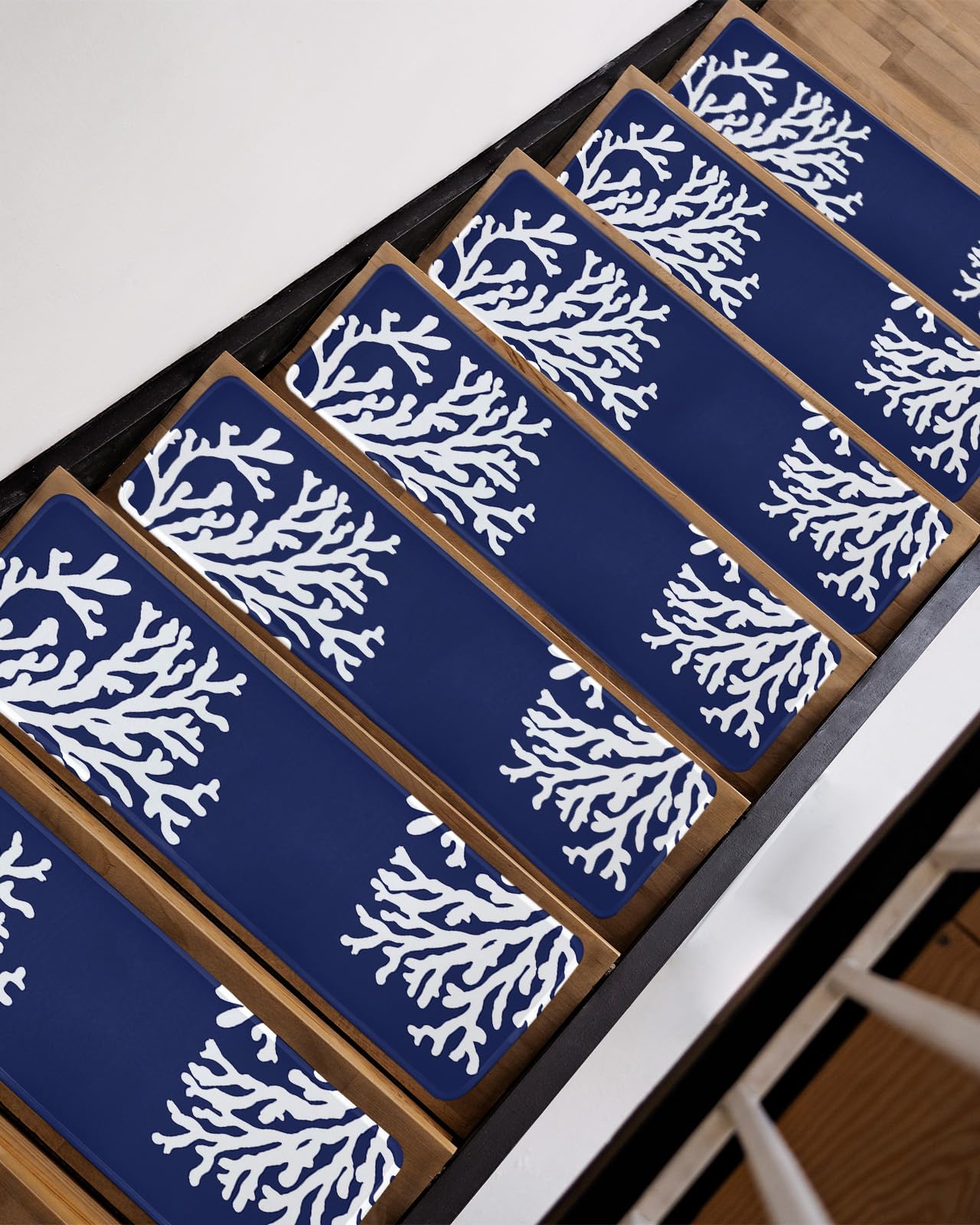 LBCASA Stair Treads Non Slip Indoor for Wooden Steps, Navy Blue Coral 15 Pcs Stair Mats for Kids Elders Dogs, 8 x 30 Inch Coastal Summer Beach Nautical Seaside Carpet Treads Runner Rugs for Staircase