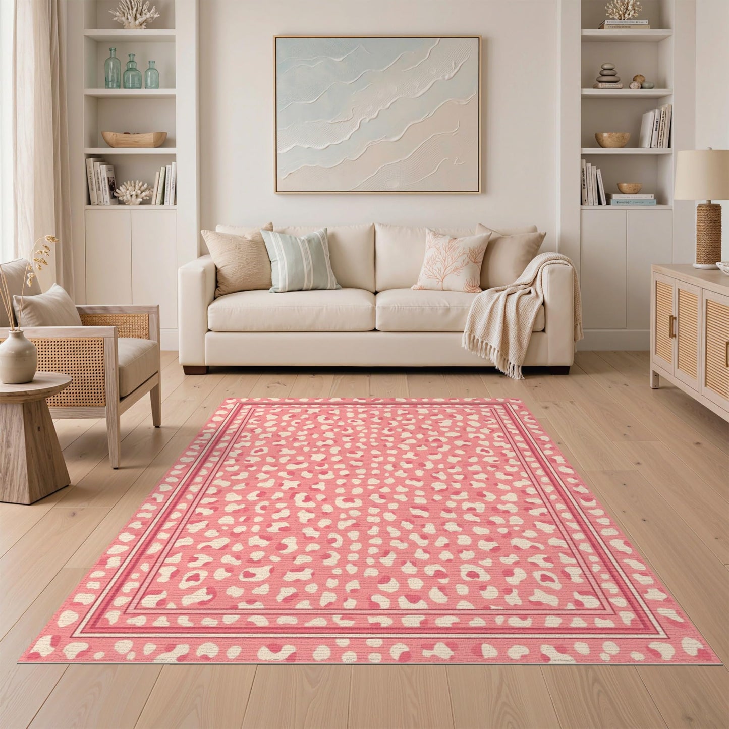 ODIKA 5'x7' Washable Area Rug Print Spotted Leopard Inspired Border Abstract Motif Pink Cheetah Refined for Dining Room, Under Table, Home Office, Non-Slip Chair-Friendly