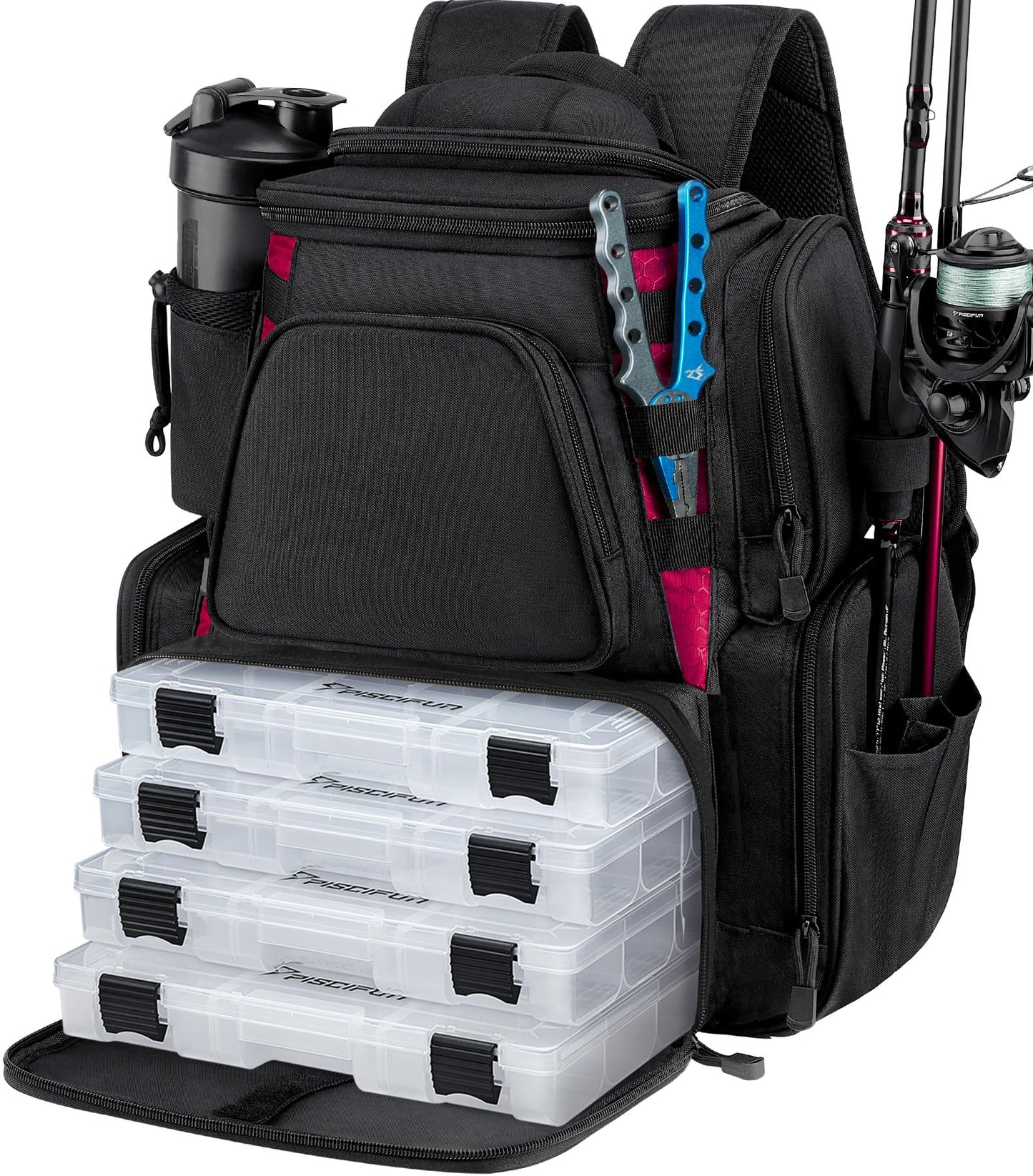 Piscifun Fishing Backpack with 2 Rod Holders, 4 Boxes & Rain Cover, Black