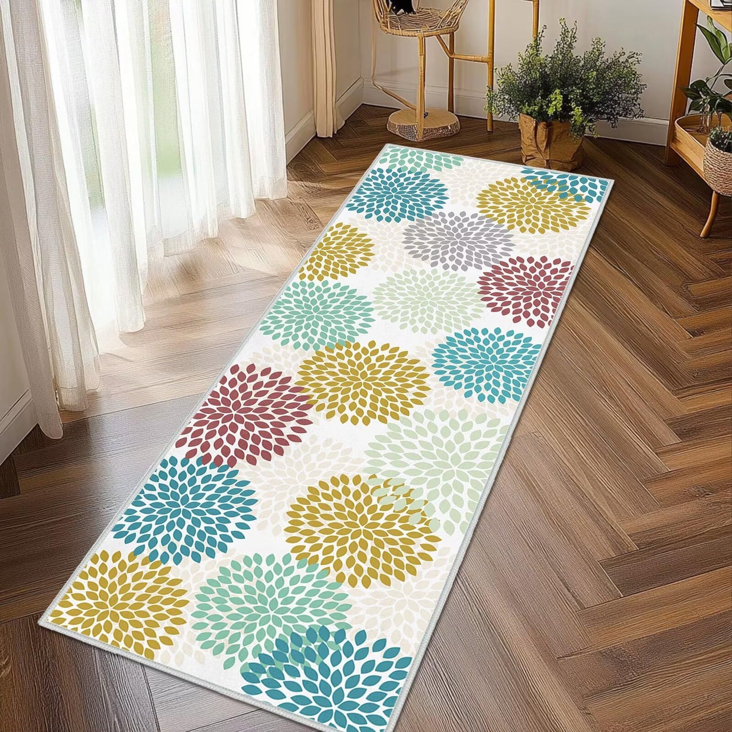 Boho Floral Runner Rug 2x6 for Hallways Flower Floor Carpet Washable Kitchen Runners Florals Hallway Rugs Flowers Entrance Door Mat Indoor Non Slip Area Rugs for Entryway,Laundry,Bedroom Bedside