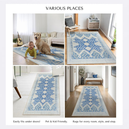 GIONARA Gray Blue Oushak Area Rug 6x9 - Modern, Machine Washable Vintage Turkish Boho Carpet Low Pile Non Slip Large Area Rugs for Living Room, Dining Bedroom, Kids Playroom, Farmhouse
