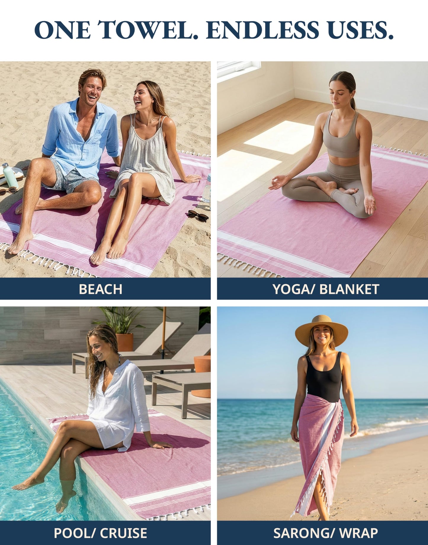 LANE LINEN Large Beach Towel, Turkish Towel, Lightweight Beach Towels for Adults, 39"x71" Oversized Pool Towels, Absorbent, Quick Dry, Durable Sand Proof Beach Towel, 39"x71" - Candy Pink