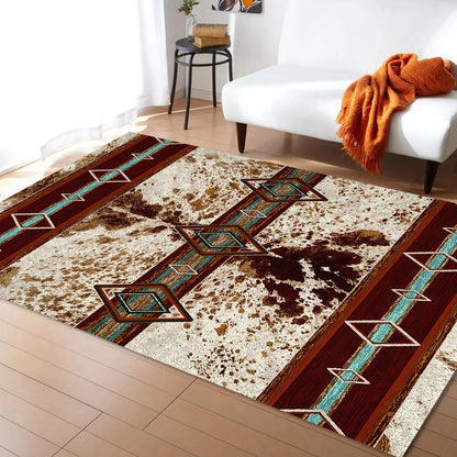 Combo Southwest Faux Cowhide Area Rug and 4 Pcs Non-Slip Rug Tape for Living Room, Bedroom, Southwestern Area Rugs, Native American Rug, Geometric Western Rugs, Aztec Tribal Rugs Home Decor 5x8 ft