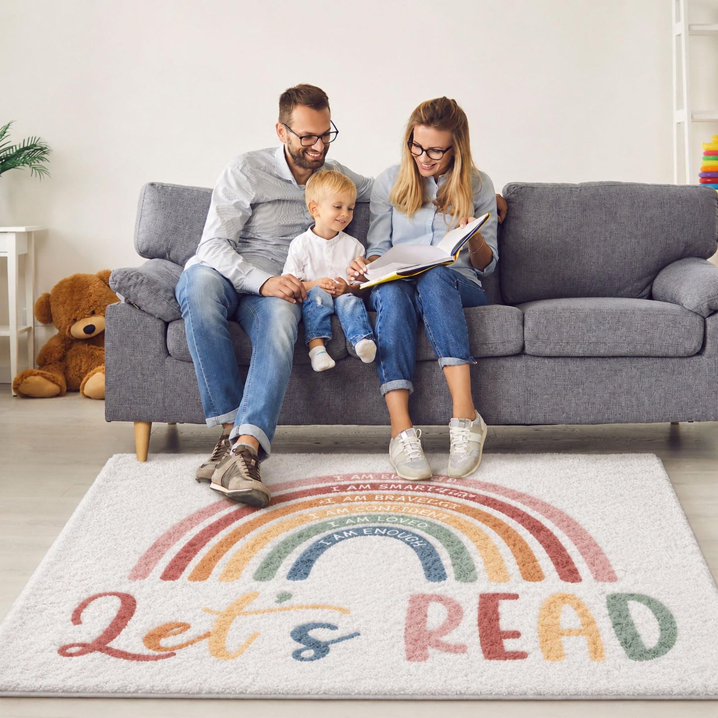 3.3x4 ft Boho Rainbow Classroom Rug Let's Read Motivational Area Rug Back to School Floor Mat Reading Corner Decor Non-Slip Play Carpet for Calming Corner Library Nursery Playroom Bedroom Living Room