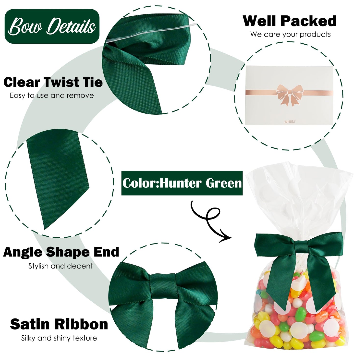 AIMUDI Twist Tie Bows for Treat Bags 3.5" Hunter Green Satin Ribbon Bows for Crafts Premade Bows with Twist Ties for Christmas Cake Pop Candy Apple Small Bows for Gift Wrapping Wedding Decor, 50 PCs