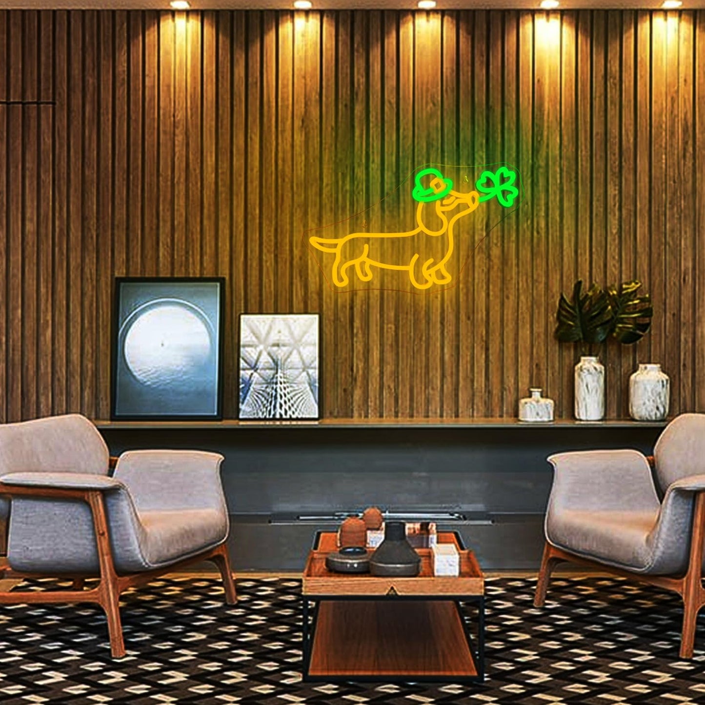 Looklight Shamrock Neon Lights Dog Sign Cute Dachshund With Hat LED Wall Decor, St Patricks Day Window Lights Puppy Sign for Coffee Bars, Birthday Gifts & Dog Lover Party Decorations