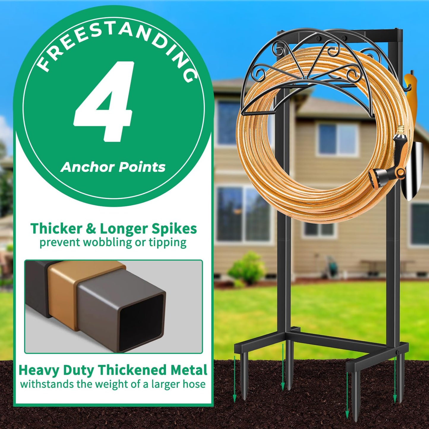 TomCare Garden Hose Holder Heavy Duty Water Hose Holder Holds 160 FT Hose 4 Spikes Hose Reel with 2 Tool Hooks Freestanding Hose Hanger Sturdy Hose Storage Stand for Outside Yard Lawn, Black