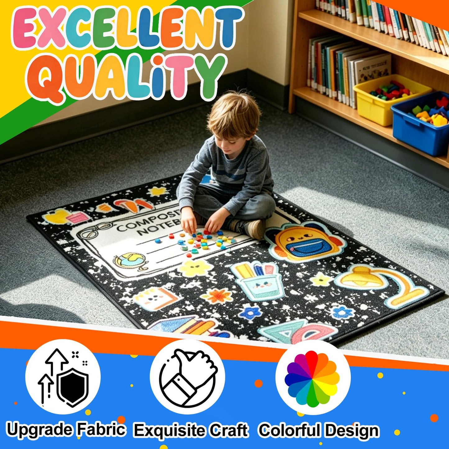 2 * 3feet Composition Notebook Classroom Rug Soft Educational Area Rug Kids Playroom Non-Slip Educational Learning Mat Play Carpet for Classroom Nursery Learning Corner Decor