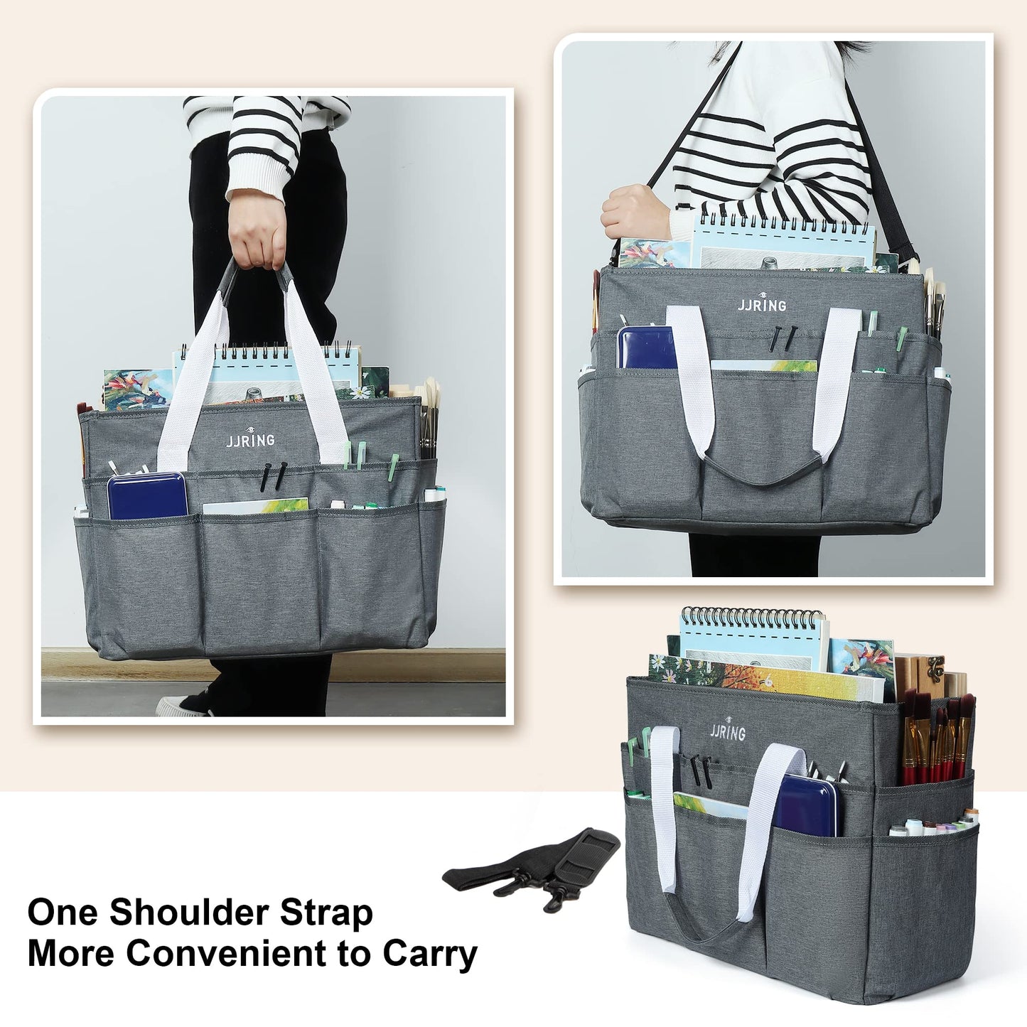 JJRING Craft Organizer Tote Bag, Large Art Storage Caddy with Multiple Pockets, Gray Sewing Bag for Art, Craft, Scrapbooking, School, Medical, and Office Supplies Storage