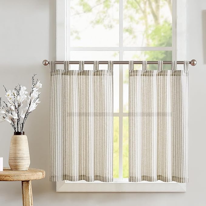 jinchan Tab Top Linen Kitchen Curtains 24 Inches Striped Tier Curtains Farmhouse Modern Cafe Style Small Window Treatments Airy Light Filtering Rod Pocket for Living Room Bathroom 2 Panels Taupe Grey