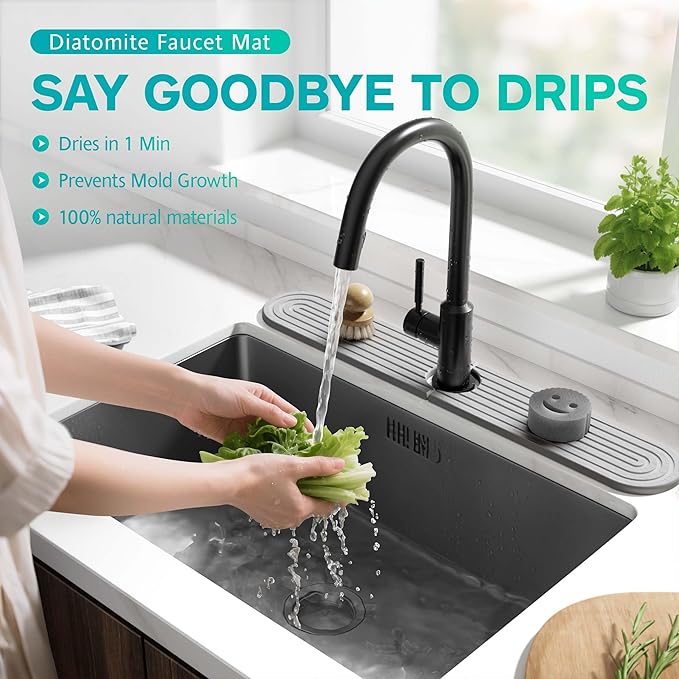 Stone Faucet Mat for Kitchen Sink – Diatomite Fast-Drying Stone Tray, Faucet