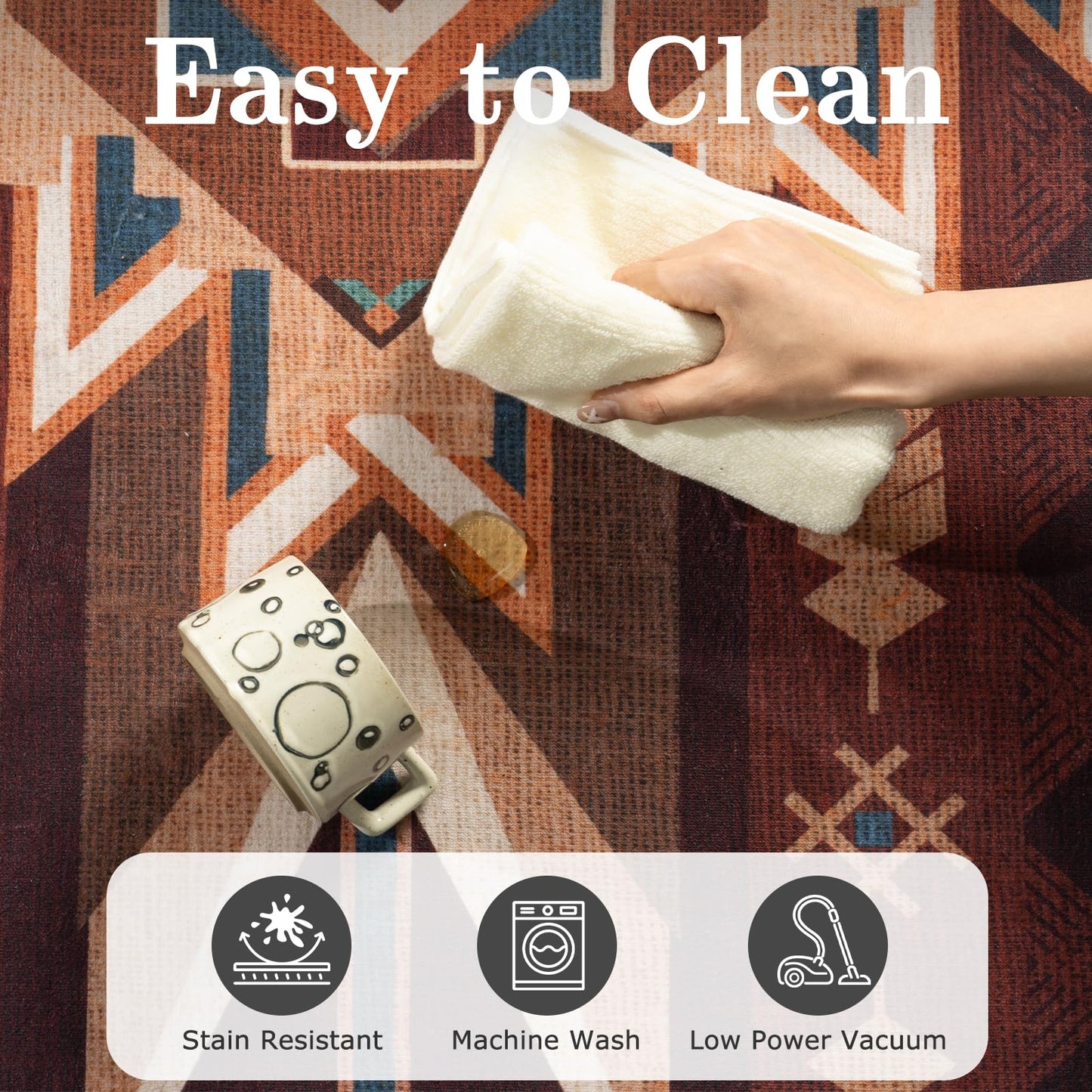 Western Rug for Living Room, 5x7 Non Slip Low Pile Aztec Rug for Bedroom, Dining Room Rugs for Under Table, Office, Machine Washable Area Rugs, Red Brown