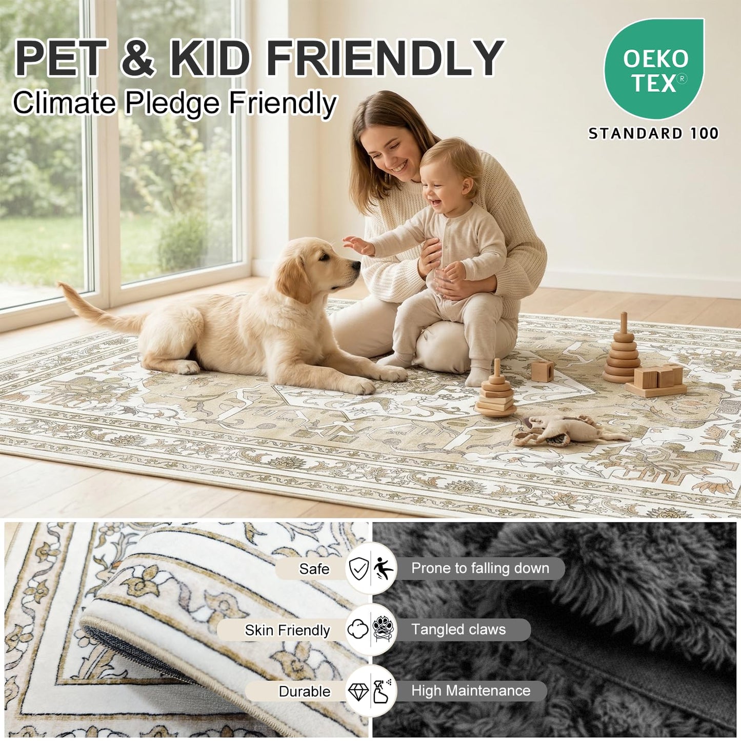 Cnythlis Extra Large Washable Area Rug Living Room Rug 9'x12', Vintage Medallion Non Slip Water Resistant Faux Wool Carpet for Bedroom Dining Room Office, 0.26" Low Pile, Beige & Ivory
