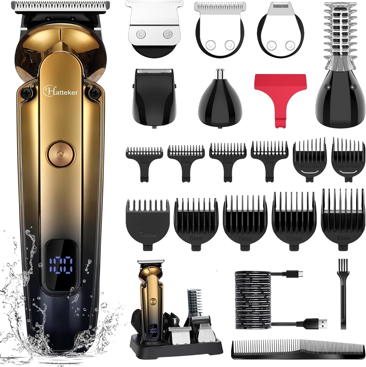 Hatteker Men's Beard Trimmer Kit Electric Razor Shaver Professional Hair Clipper with Zero Gapped T-Blade Nose Ear Beard Body Trimmer for Men Waterproof Cordless Grooming Kit 6 in 1