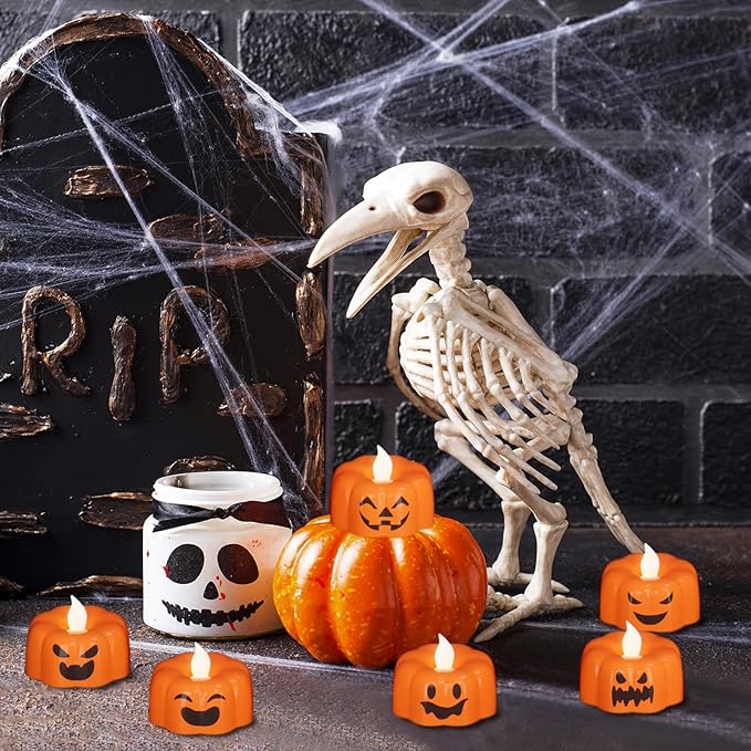 Halloween Flameless Candles with 6H Timer, Pumpkin Tea Lights with Ghost Face Flickering, LED Candles Battery Operated Fall Decor 6 Pack Φ 1.9" H 1.6" for Halloween Decorations