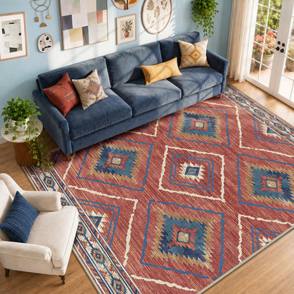 BESTSWEETIE Area Rug 8x10 Machine Washable Non-Slip Low Pile Tribal Western Rug for Living Room Bedroom Entryway - Red/Orange