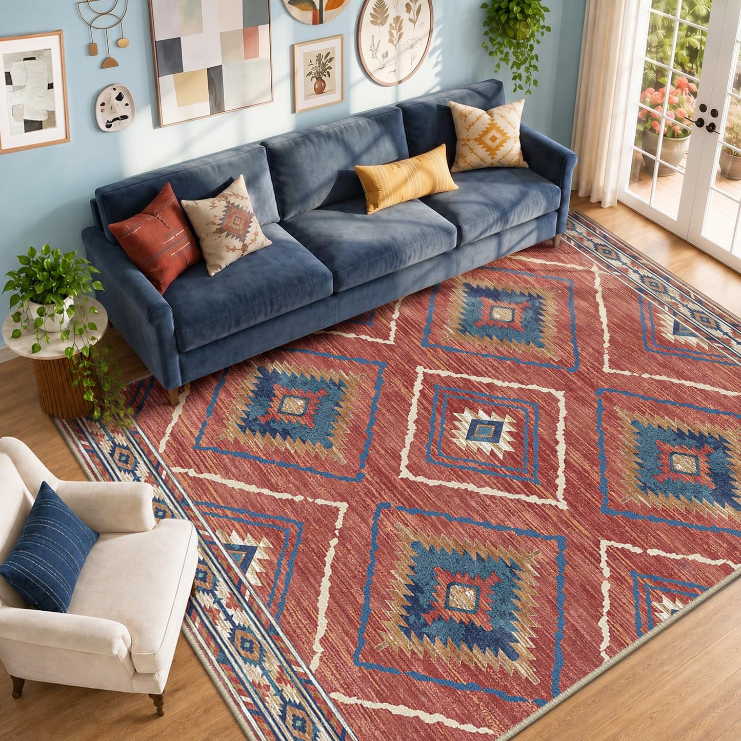 Area Rug 5x7 Rug Machine Washable Non-Slip Low Pile Print Pattern Western Rug for Living Room Bedroom Entryway Tribal Series -Red/Orange