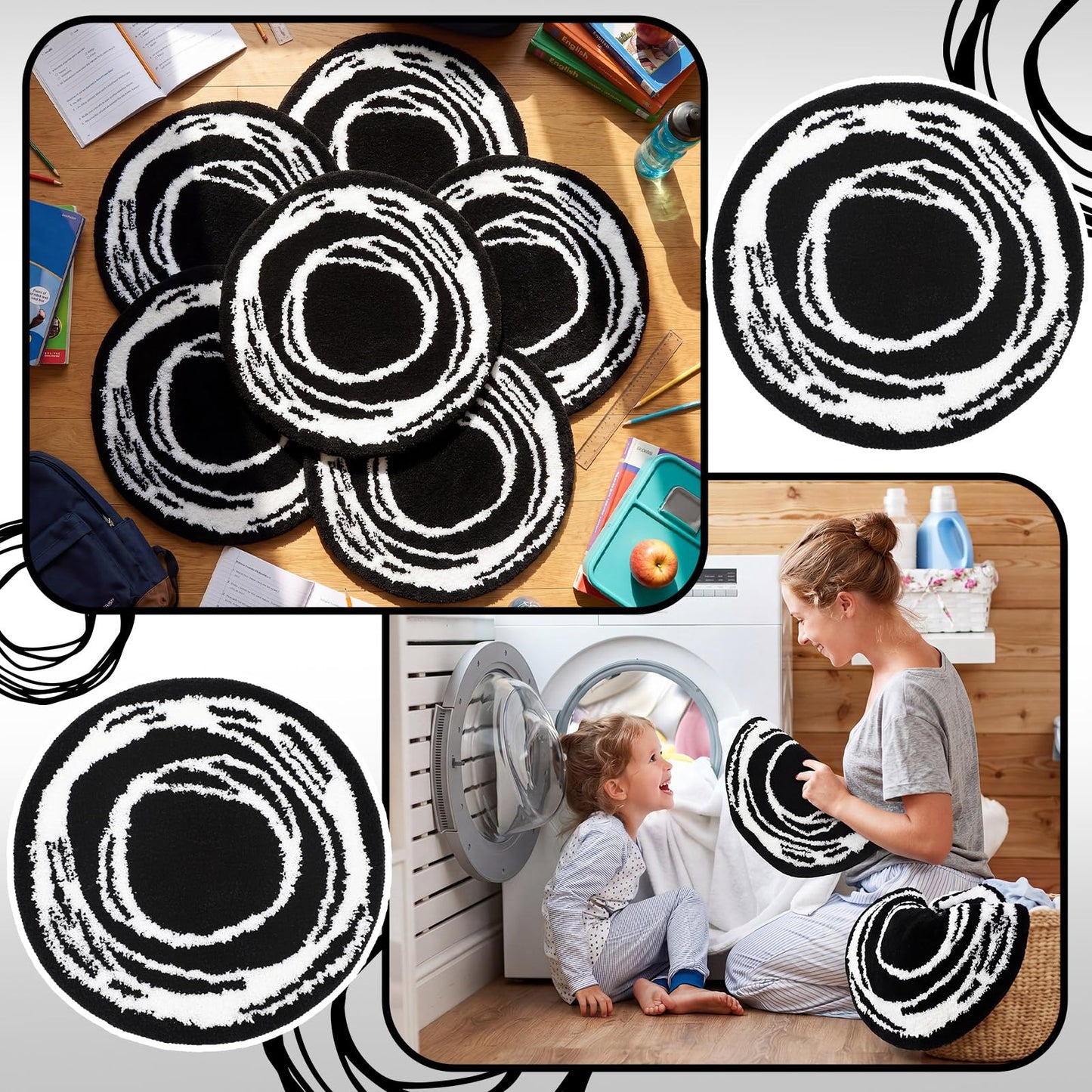 Teenyyou 6 Pcs 16" Black Fluffy Round Classroom Rug Elementary Sampler Abstract Educational Fuzzy Plush Area Rug Kid Room Children Classroom Carpet Playroom Learning Black Round Flexible Seat