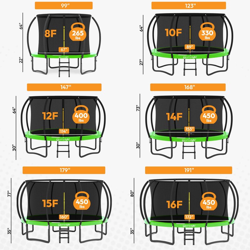 JUMPZYLLA Trampoline Outdoor 8FT 10FT 12FT 14FT 15FT 16FT with Enclosure and Ladder, ASTM Approved Recreational Trampoline for Kids and Adults, Anti-Rust Coated Frame (Green, 8FT)